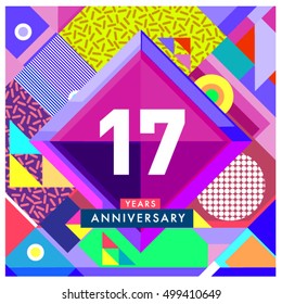 17th years greeting card anniversary with colorful number and frame. logo and icon with Memphis style cover and design template