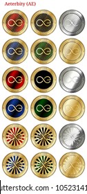 18 in 1 set of Aeternity (AE)  cryptocurrency  highly detailed golden and silver phisycal coins. Aeternity (AE) icon set. Vector illustration isolated on white background.