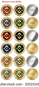 18 in 1 set of Binance Coin (BNB)  cryptocurrency  highly detailed golden and silver phisycal coins. Binance Coin (BNB) icon set. Vector illustration isolated on white background.
