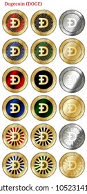 18 in 1 set of Dogecoin (DOGE)  cryptocurrency  highly detailed golden and silver phisycal coins. Dogecoin (DOGE) icon set. Vector illustration isolated on white background.