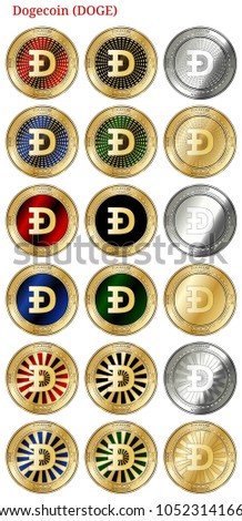 18 in 1 set of Dogecoin (DOGE)  cryptocurrency  highly detailed golden and silver phisycal coins. Dogecoin (DOGE) icon set. Vector illustration isolated on white background.