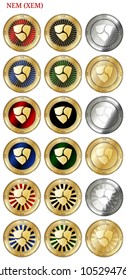 18 in 1 set of NEM (XEM)  cryptocurrency  highly detailed golden and silver phisycal coins. NEM (XEM) icon set. Vector illustration isolated on white background.