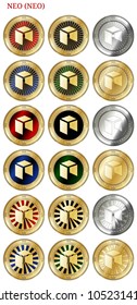 18 in 1 set of NEO (NEO)  cryptocurrency  highly detailed golden and silver phisycal coins. NEO (NEO) icon set. Vector illustration isolated on white background.