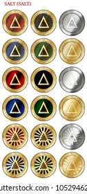 18 in 1 set of SALT (SALT)  cryptocurrency  highly detailed golden and silver phisycal coins. SALT (SALT) icon set. Vector illustration isolated on white background.