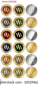 18 in 1 set of Steem (STEEM)  cryptocurrency  highly detailed golden and silver phisycal coins. Steem (STEEM) icon set. Vector illustration isolated on white background.