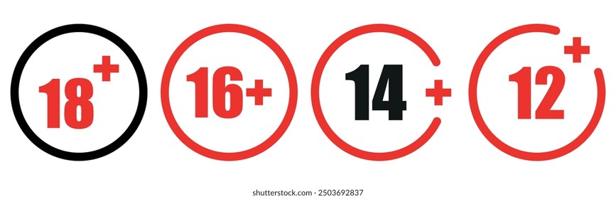 18+ 16+ 14+ 12+ age restriction vector illustration sign set. Isolatedon white background.