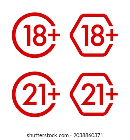 18, 21, plus years old icon vector set. Adults content. 18, 21 age restriction signs. Eighteen and twenty one plus years sticker, badge, circle and hexagonal red label.