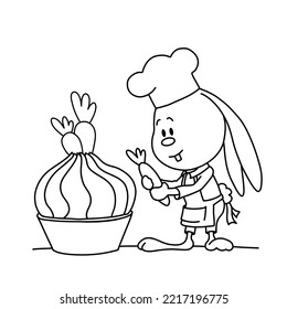 18 - 25 Cute bunny in apron bakes chocolate cupcake with cream and carrot. Cooking and bakery Christmas, New Year and Easter contour vector illustration. Collection of rabbits in cartoon style. Humour