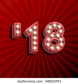 '18 3D text for the new year with lightbulbs glowing, vector illustration