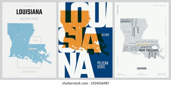 18 of 50 sets, US State Posters with name and Information in 3 Design Styles, Detailed vector art print Louisiana map