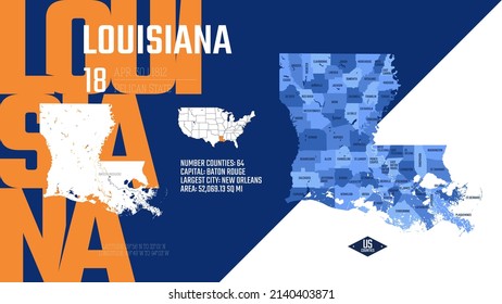 18 of 50 states of the United States, divided into counties with territory nicknames, Detailed vector Louisiana Map with name and date admitted to the Union, travel poster and postcard