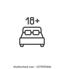 18 age content line icon. linear style sign for mobile concept and web design. Double hotel bed room with 18 number outline vector icon. Adults only symbol, logo illustration. Pixel perfect vector 