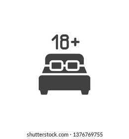 18+ age content vector icon. filled flat sign for mobile concept and web design. Double hotel bed room with 18 number glyph icon. Adults only symbol, logo illustration. Pixel perfect vector graphics
