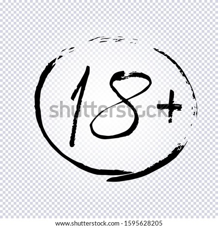 18+ age limit symbol. Under 18 years sign icon, drawn by hand. Parental advisory, explicit content, 18 years grunge round warning stamp isolated on transparent. Vector graphics
