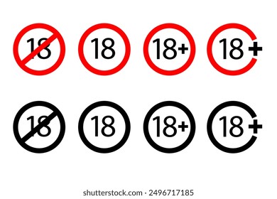18 age restriction icons. Warning vector symbols. Red and black designs. Adult content indicators.