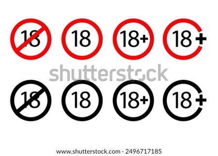 18 age restriction icons. Warning vector symbols. Red and black designs. Adult content indicators.