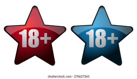 18+ Age Restriction Star Shape Glossy Signs, Vector Illustration isolated on White Background.