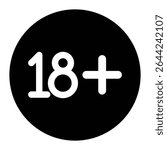 18+ age restriction symbol icon. Commonly used for labeling adult content, age-restricted products, websites, apps, or media. Clean and simple design suitable for universal use.