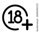 18+ age restriction symbol icon. Commonly used for labeling adult content, age-restricted products, websites, apps, or media. Clean and simple design suitable for universal use.