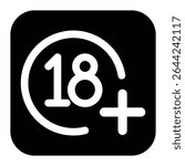 18+ age restriction symbol icon. Commonly used for labeling adult content, age-restricted products, websites, apps, or media. Clean and simple design suitable for universal use.