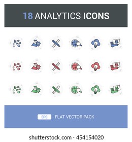 18 Analytics Flat Vector Icon Pack that contain items such as cloud and bulb, communications, global search, and others, can be use for website, app, leaflet, brochure, or as a graphic element.