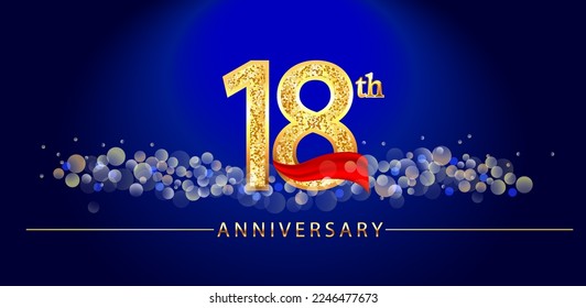 18 anniversary celebration. 18th anniversary celebration. 18 year anniversary celebration logo with glitter, confetti, red ribbon and blue background.