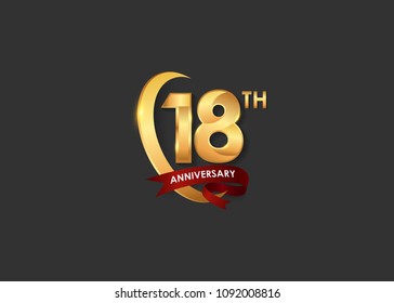 18 anniversary design logotype golden color with ring and red ribbon for celebration