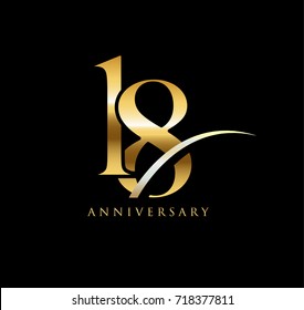 18 anniversary elegance gold logo. linked number with swoosh on black background