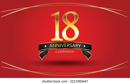 18 Anniversary with red background. 18th Golden anniversary banner. red anniversary celebration. Golden anniversary with ribbon