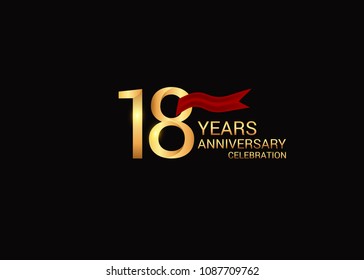18 anniversary vector design golden colored with red ribbon isolated on black background