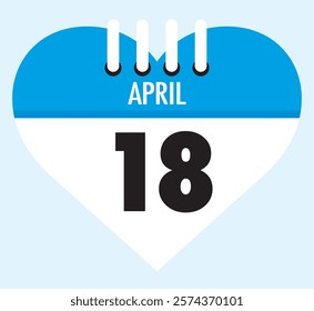 18 April calendar icon blue heart shape on light sky blue color background, calendar vector symbol for the month of April.