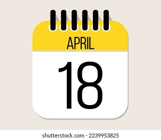 18 April day calendar vector. April month calendar page icon in yellow.