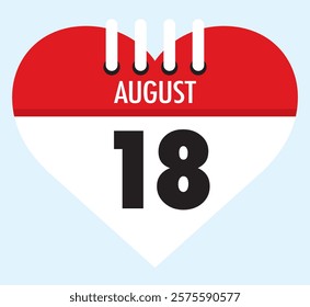 18 August calendar icon red heart shape on light sky blue color background, calendar vector symbol for the month of August.