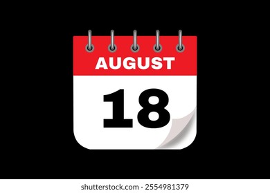 18 August calendar icon text page monthly web design on red, white and black background vector, icon, or illustration with the month of August 18