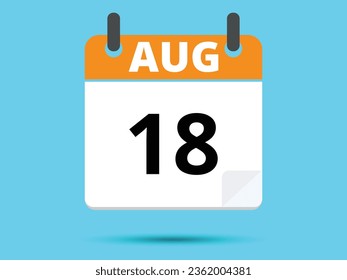 18 August. Flat icon calendar isolated on blue background. Vector illustration.