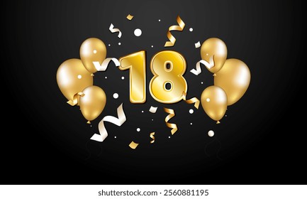 18. Balloons with golden numbers and streamers on a black background.