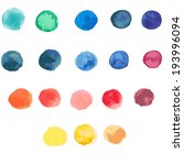 18 circle form brush stroke. Rounded colored shapes on white background. Drawing created in watercolor sketch handmade technique. Vector illustration design element 8 eps