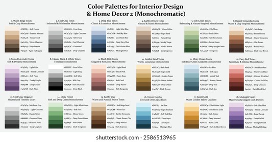 18 Color Palettes Collection 2 for Interior Design and Home Decor, 6 Colors Set, Color Schemes with Hex Codes and Names, Color Swatches and Combinations, Vector Illustration