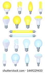 18 colorful cartoon light bulb set. Incandescent, fluorescent, halogen lamp and neon tube. Warm and cold light. Electricity themed vector illustration for stamp, certificate, banner, coupon decoration