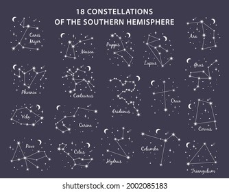 18 Constellations southern Hemisphere set includes constellations Canis Major, Eridanus, Phoenix, Wolf, Crane, Hydra, Keel, Whale, Poop, Dove, Raven and others. Vector illustration on blue background