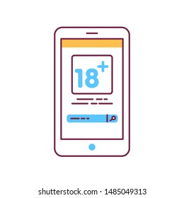 18+ content on smartphone screen color line icon. Adult website element. Sign for web page, mobile app. UI/UX/GUI template. User interface display. 