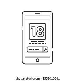 18+ content on smartphone screen black line icon. Adult website element. Sign for web page, mobile app. UI/UX/GUI template. User interface display. 