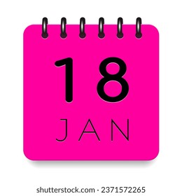 18 day of the month. January. Pink calendar daily icon. Black letters. Date day week Sunday, Monday, Tuesday, Wednesday, Thursday, Friday, Saturday. Cut paper. White background. Vector illustration.