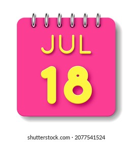 18 day of the month. 18 Jule. Cute calendar daily icon. Date day week Sunday, Monday, Tuesday, Wednesday, Thursday, Friday, Saturday.