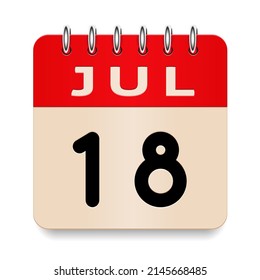 18 day of the month. July. Flip old formal calendar. 3d daily icon. Date. Week Sunday, Monday, Tuesday, Wednesday, Thursday, Friday, Saturday. Cut paper. White background. Vector illustration.
