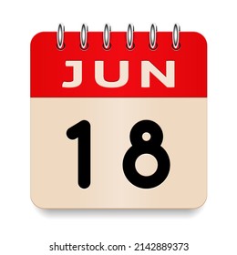 18 días del mes. Junio. Voltear el calendario formal antiguo. Icono de 3d diario. Fecha. Semana Domingo, Lunes, Martes, Miércoles, Jueves, Viernes, Sábado. Corta papel. Fondo blanco. Ilustración vectorial. 