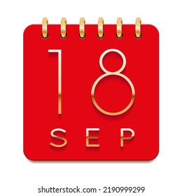 18 day of the month. September. Luxury calendar daily icon. Date day week Sunday, Monday, Tuesday, Wednesday, Thursday, Friday, Saturday. Gold text. Red paper. Vector illustration.