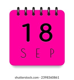 18 day of the month. September. Pink calendar daily icon. Black letters. Date day week Sunday, Monday, Tuesday, Wednesday, Thursday, Friday, Saturday. Cut paper. White background. Vector illustration.