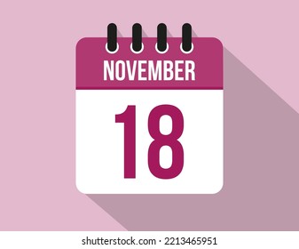 Calendario del 18 de noviembre. Vector de calendario para noviembre en color rosa en fondo claro