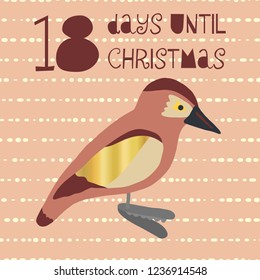 18 Days until Christmas vector illustration. Christmas countdown eighteen days til Santa. Vintage Scandinavian style. Hand drawn bird decor. Holiday set for poster, blog, banner, website, post, cards